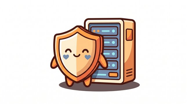 Cute cartoon shield character protecting a server rack representing digital security and data protection