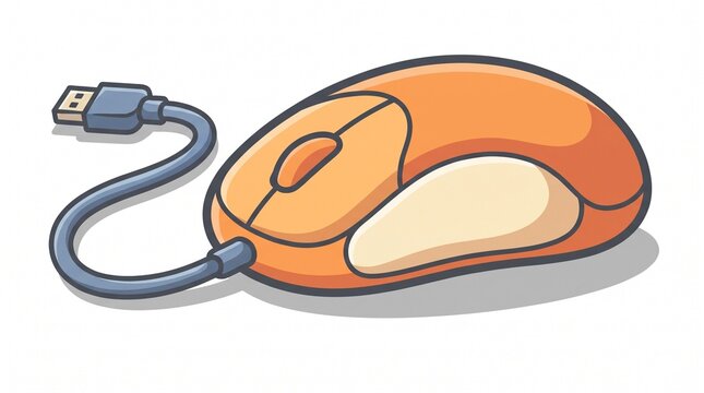 Orange computer peripheral input device with a cable connector isolated on a white background