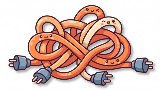 Tangled orange power cords with cute smiling faces in a playful cartoon style