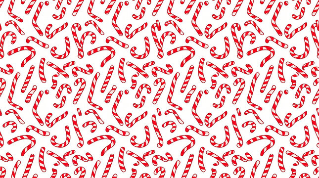 Seamless pattern of red and white striped Christmas candy canes scattered on white background vector illustration