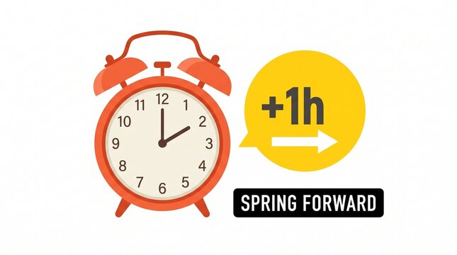 Flat vector illustration of an orange alarm clock with a "+1h" yellow speech bubble and a "SPRING FORWARD" label, symbolizing Daylight Saving Time.