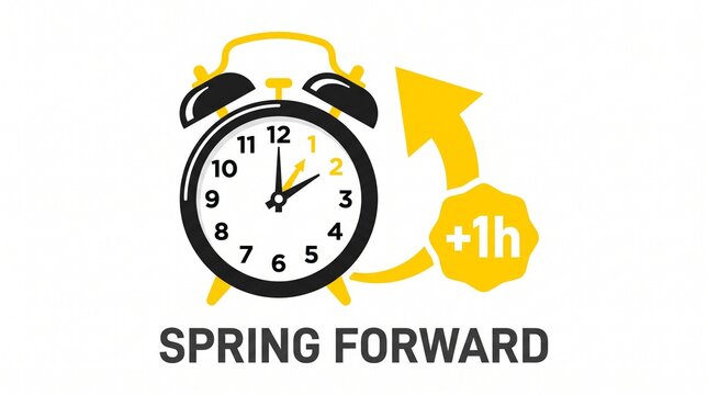 ​A flat vector graphic representing Daylight Saving Time "Spring Forward," featuring a black and yellow alarm clock with hands moving forward by one hour (+1h).