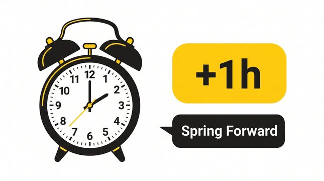 ​A minimal illustration of an alarm clock with "+1h" and "Spring Forward" text, representing daylight saving time.