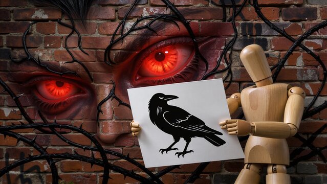Wooden figure holds crow drawing before glowing red eyes on brick wall.