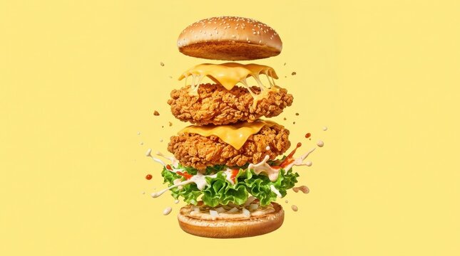 Delicious floating double crispy fried chicken burger with melted cheese lettuce and sauce splashes exploding ingredients isolated on vibrant yellow background for fast food menu concept banner