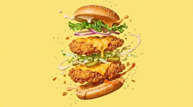 Delicious floating crispy double chicken burger with melted cheese, fresh lettuce, pickles, red onion, dripping sauce, and flying sesame seeds exploding on a bright yellow background for menu.