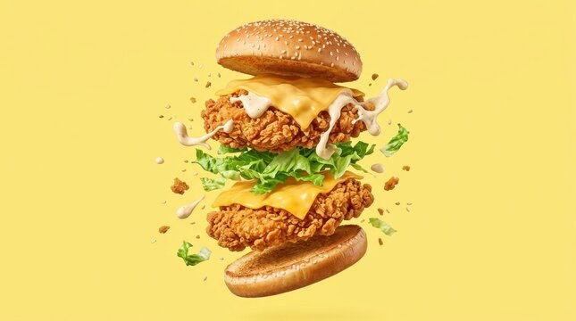 Delicious crispy fried chicken burger exploding with flying ingredients, melted cheese, lettuce, and creamy sauce splashes isolated on a vibrant yellow studio background for food menu visual