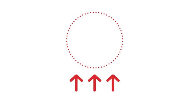 Minimalist graphic design featuring a dotted circle outline with three upward pointing red arrows.