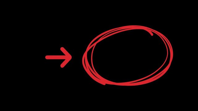 A red hand drawn arrow pointing towards a red circle on a black background.