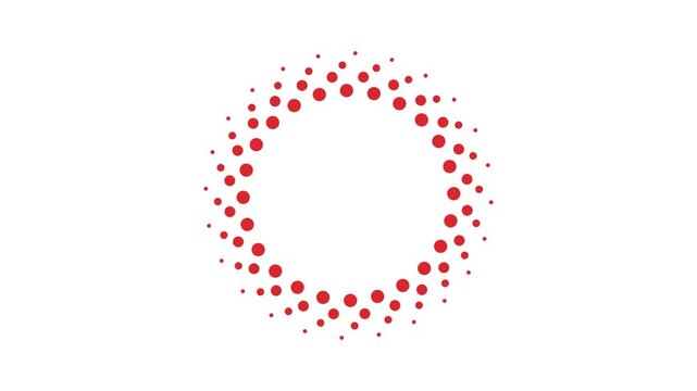 Abstract circular design element with red dots marker arranged in a spiral pattern on a white background.