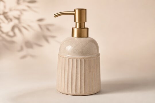 Elegant ceramic soap dispenser with a gold pump, casting a gentle shadow