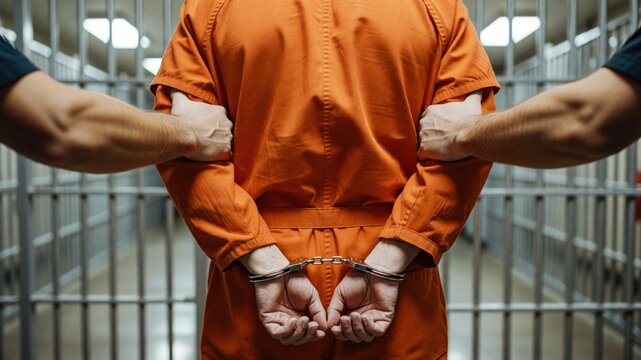 A prisoner in an orange jumpsuit is being restrained by officers inside a secure prison cell area.