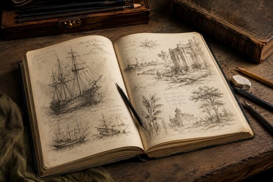 Vintage open sketchbook with nautical and landscape drawings, art supplies on wooden table