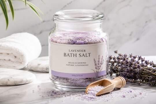 Jar of lavender bath salt with wooden scoop and dried lavender