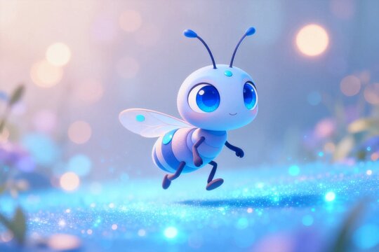 Cute Blue Bee 3D Illustration with Sparkling Background