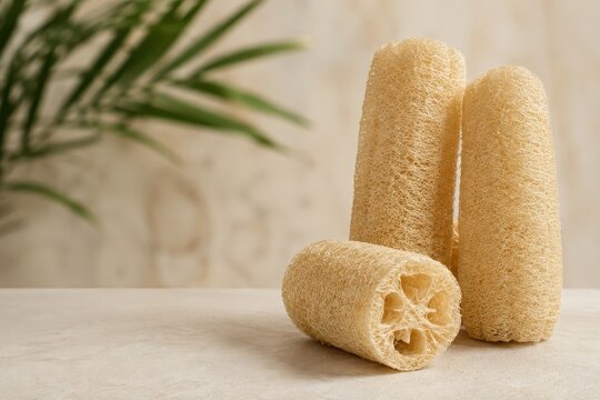 Natural loofah sponges with green leaf in soft light