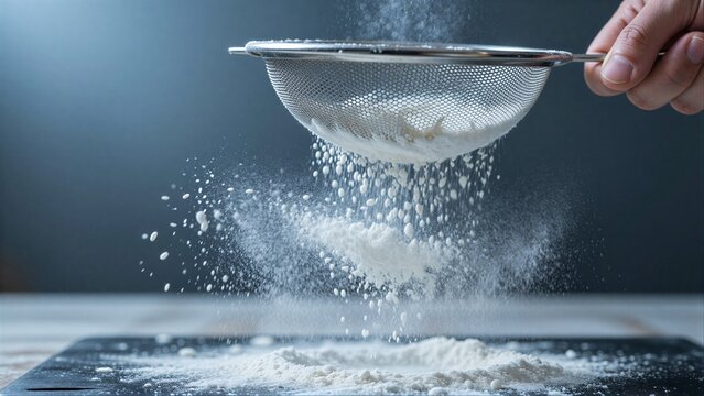 Hand sifting flour, fine powder cascades down onto a dark surface.