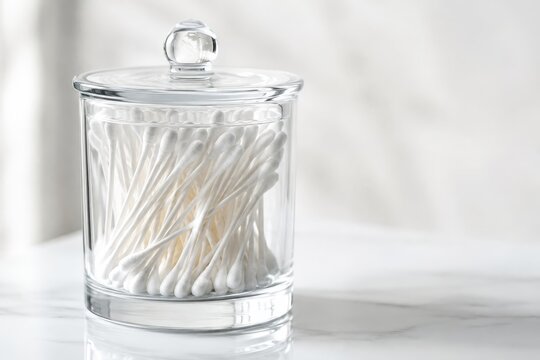 Glass jar filled with cotton swabs on a marble surface