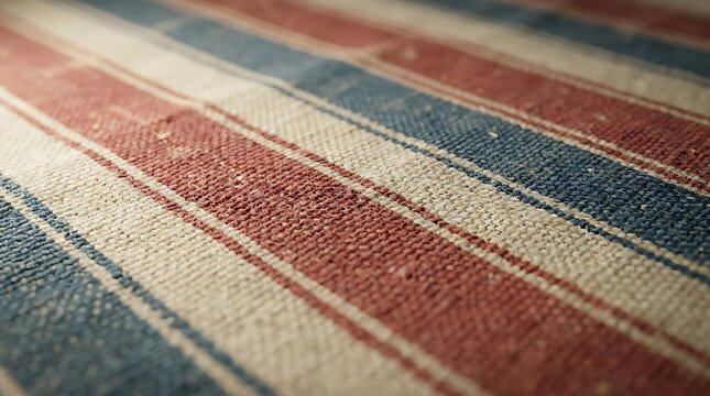 A close-up view of woven fabric featuring red, white, and blue stripes reminiscent of a vintage 13 colonies flag aesthetic for patriotic decor projects.