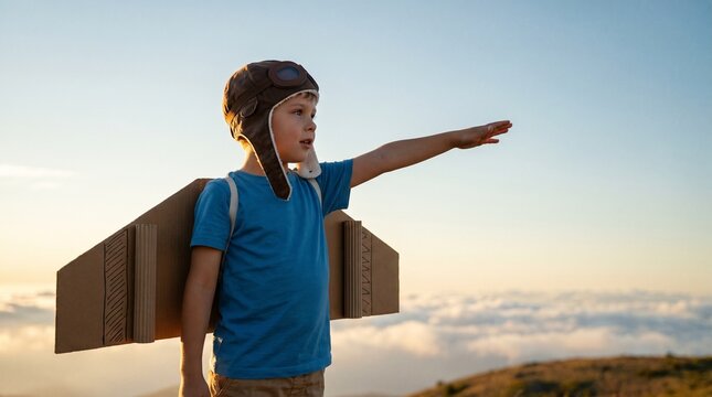 A young boy in a pilot's hat and cardboard wings stands on a hill, reaching out towards the sky as if flying.