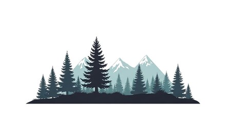 Obraz premium Minimalist Silhouette of Pine Forest and Snowy Mountains, Serene Landscape Vector Graphic