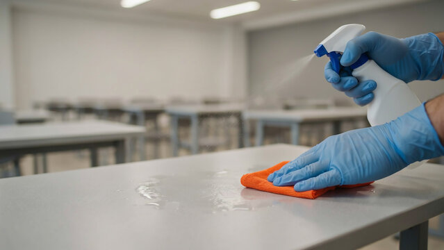 Gloved hands spraying disinfectant and wiping classroom desk surface with sponge