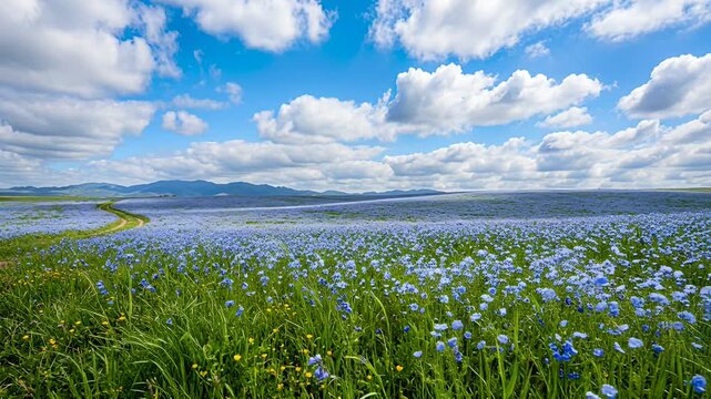 blue wildflower field by a lake, expansive landscape under blue sky