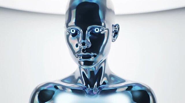 Chrome robotic head with glowing blue eyes.
