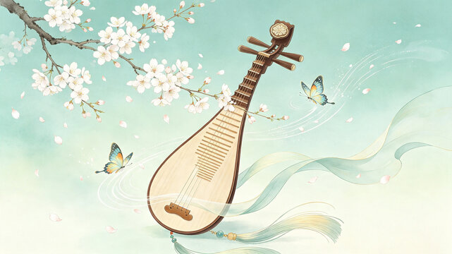 Ancient Style Pipa With Cherry Blossom Illustration Background Image