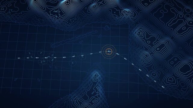 Strait of Hormuz Maritime Navigation Visualization, Oceanic Topography Map, Seamless Loop Animation, Geospatial Data Display, Shipping Route Tracking, Maritime Security, Geographic Information System