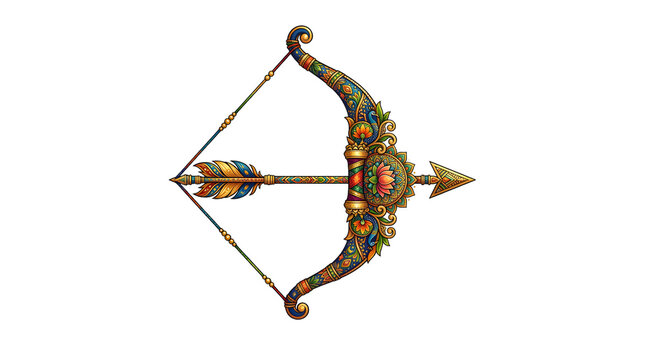Golden bow and arrow with traditional ornaments.