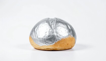 Fototapeta premium Bread roll partially wrapped in silver aluminum foil.