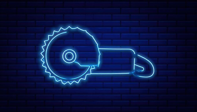 Blue neon circular saw sign on brick wall.