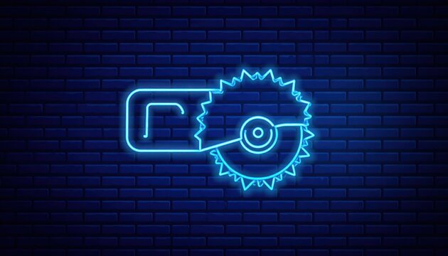 Blue neon circular saw sign on brick wall.