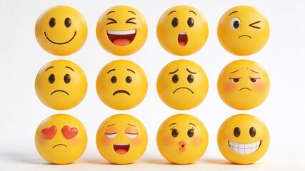 Naklejka premium Multiple yellow emoji faces expressing a variety of emotions and feelings on a clean white background