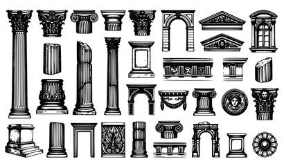 Fototapeta premium Vintage Monumental Architecture Column Sketch Collection Classical Line Art Vector Set