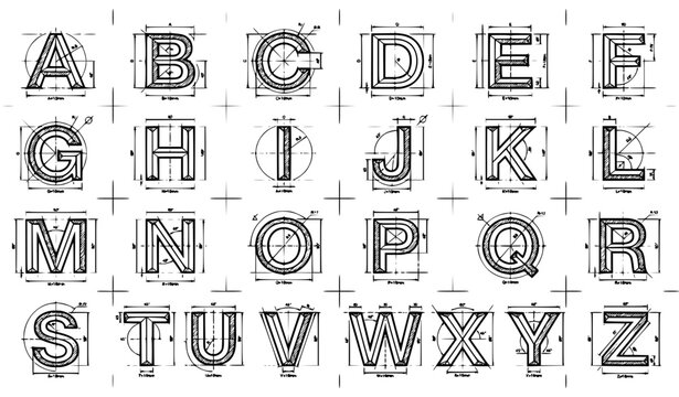 Technical Drawing Alphabet Letter Sketch Drafting Typography Vector Collection