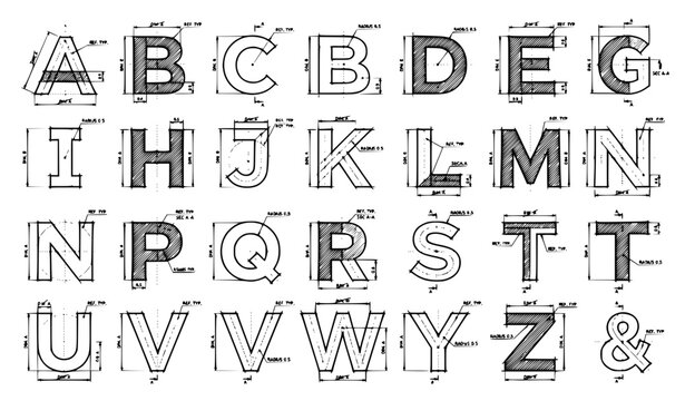 Architectural Drafting Alphabet A to Z Hand Drawn Technical Sketch Vector Collection