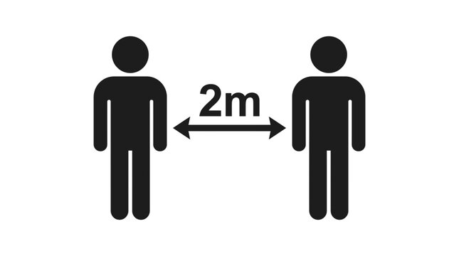 Social distancing pictogram showing two stick figures standing apart with a distance measurement of two meters in this minimalist vector graphic illustration for public safety signage