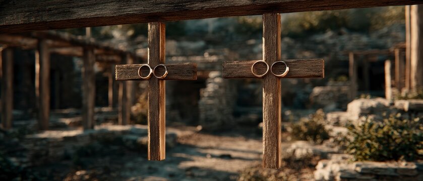 Two rustic wooden crosses hanging outdoors in a blurred ancient stone ruins landscape