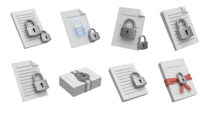 documents secured with locks symbolizing data protection and security on a white backdrop confidentiality concepts