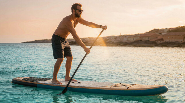 Man paddleboarding on calm ocean water during golden hour with coastal town in background