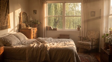 Fototapeta premium Cozy Bedroom with Natural Light and Vintage Decor