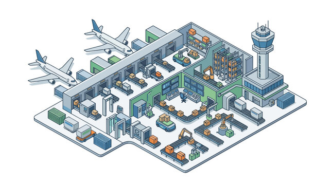 Airport cargo terminal manages logistics with airplanes and sorting systems.