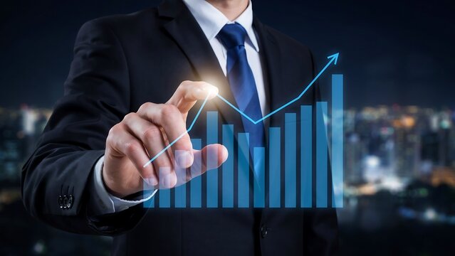 Man in suit points to upward trending financial graph against city skyline at night with subtle glow