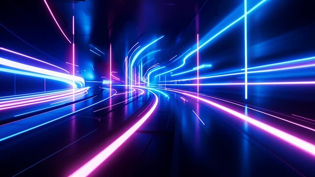 neon tunnel motion blur futuristic neon lights streaks through darkness
