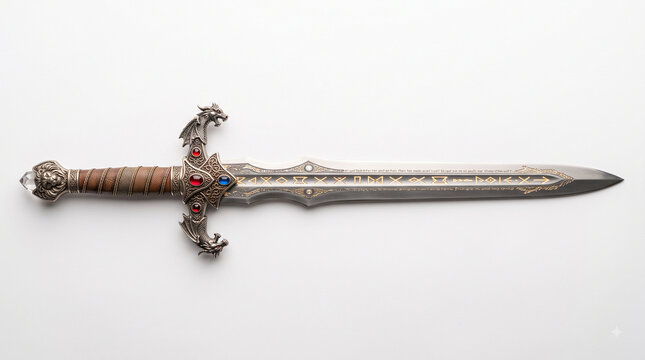 Medieval ornate steel longsword blade with dragon hilt crossguard isolated on white background