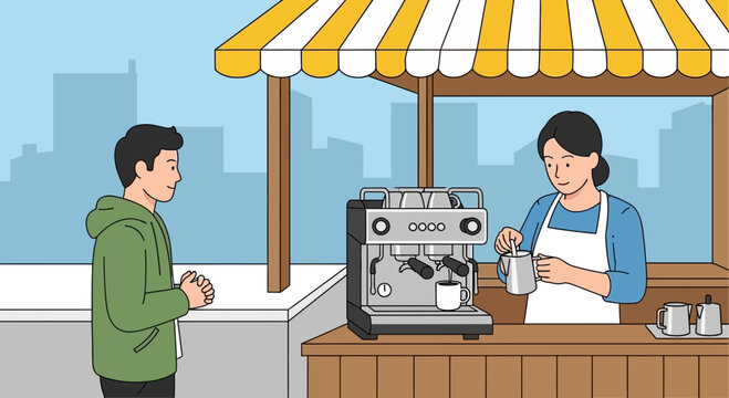 Barista making coffee for customer at street kiosk