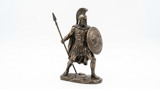Bronze Greek spartan warrior figurine holding spear and shield isolated on white background