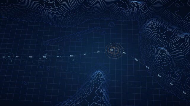 Strait of Hormuz Nightwatch Navigation Visualization, Dark Sea Map Animation, Maritime Traffic Monitoring, Seamless Loop, Geospatial Data, Topographic Lines, Nighttime Shipping Route